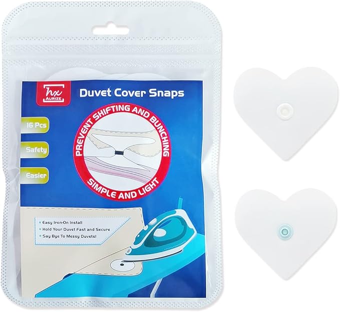 HX AURIZE Iron On Duvet Snaps 16 Pieces (8 Pairs), Heart Shaped Comforter Fasteners, Washable and Dryer Safe Bedding Anchors, No-Sew Corner Clips Prevent Shifting, White