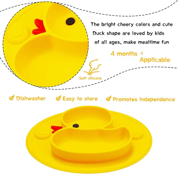 Linowos Silicone Divided Toddler Plates, Portable Non Slip Suction Plates for Children Babies and Kids BPA Free Baby Dinner Plate (Duck-Yellow) 1