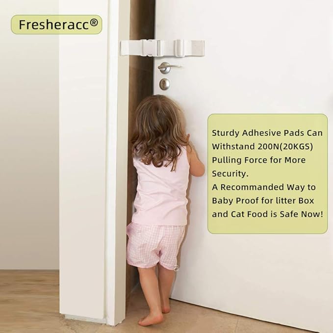 Child Proof Door Lock Latch with Adjustable Strap for Cat Litter Box Room, Cats Enter Easily But No Kids (2 Packs) Reusable Baby Safety Lock, Install in Seconds On Door Frame Only (White)
