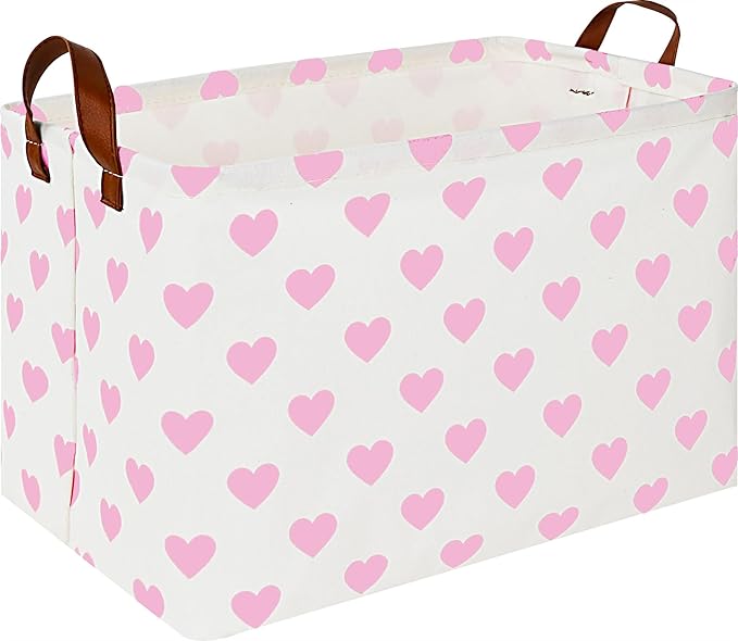 HKEC Rectangle Pink Heart Gift Basket,Storage Basket for Girls, Room Decor, Books Shelf Baskets (Pink Heart)