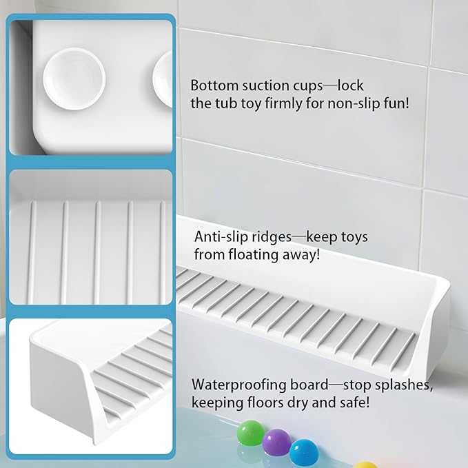 Bathtub Splash Guard PlayPad Shelf Area with Strong Suction Cups, Toy Tray Caddy Holder Storage Over Tub, Bathtub Ledge Guard, No Mess Water, Splash Protection Water Barrier for Bathroom-White
