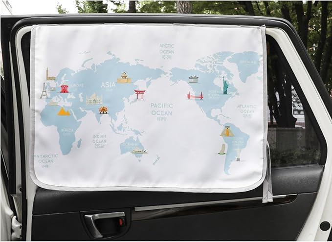 BEBEDECO Magnetic Car Sun Shade Curtain for Side Window – Sun Blocker and UV Protector for Baby, Kids, and Pets – Universal Fit with Built-in Magnets for Steel-Framed Door (Be-Travel Map)