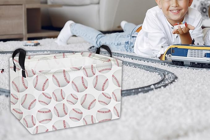 Essme Rectangular Baseball Baskets,Kids Storage Box,Easter Basket for Girls with Handles for Room Decor, Book Bins,Shelf Basket.(Baseball basket)