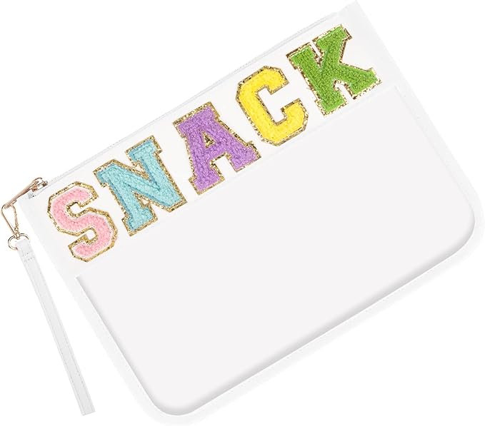Iqimott Chenille Letter Clear Bag Snack Pouch, Monogram PVC & PU Makeup Cosmetic Bag Zipper Toiletry Pouch, Waterproof Portable Purse Travel Beach Snack Wristlet Bags for Women Girls(Snack, White)