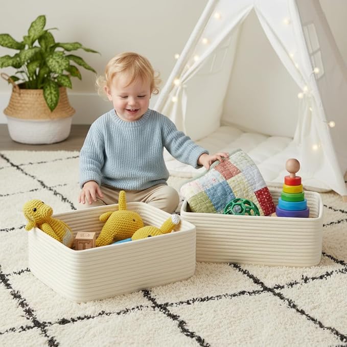 15"x11"x5.1" Storage Baskets for Shelves 2 Pack, White Basket for Organizing, Cloth Basket for Closet Organization, Shelves, Cotton Rope Basket for Storage, White