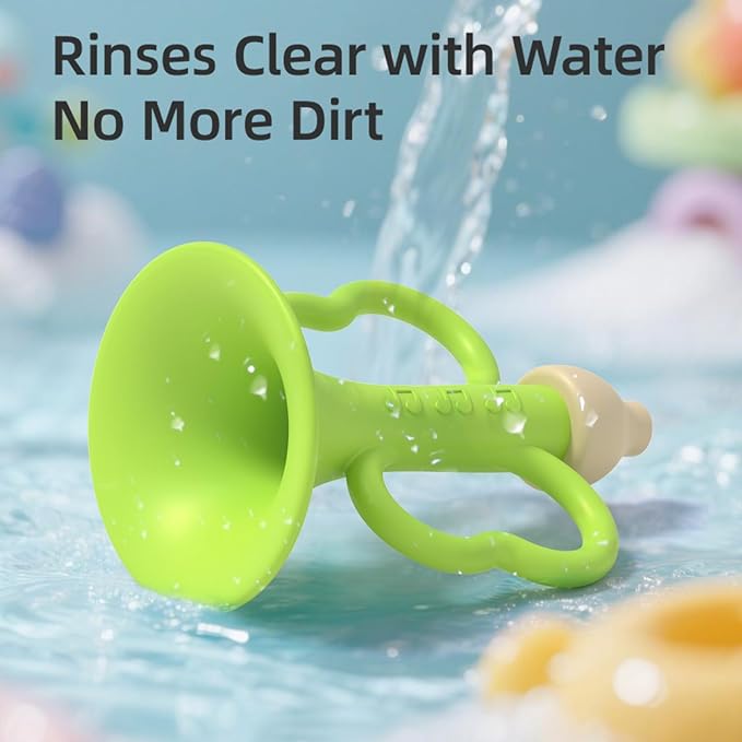 Baby Trumpet Toy 6-12 Months, Silicone Baby Horn Blowing Toy with 2PCS Yellow Green for Teething Sensory Play, Infant Easy Grip Teether Whistle Toys 0-6 Months, Toddlers Newborn Gift