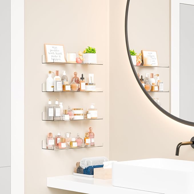 Yieach 6 Pack 15" Acrylic Shelves for Wall,Bathroom,Bedroom - with Adhesive - No Drilling Clear Floating Shelves for Funko Pop,Lego,Action Figures,Nail Polish,Perfume Shelf and Wall Storage & Display