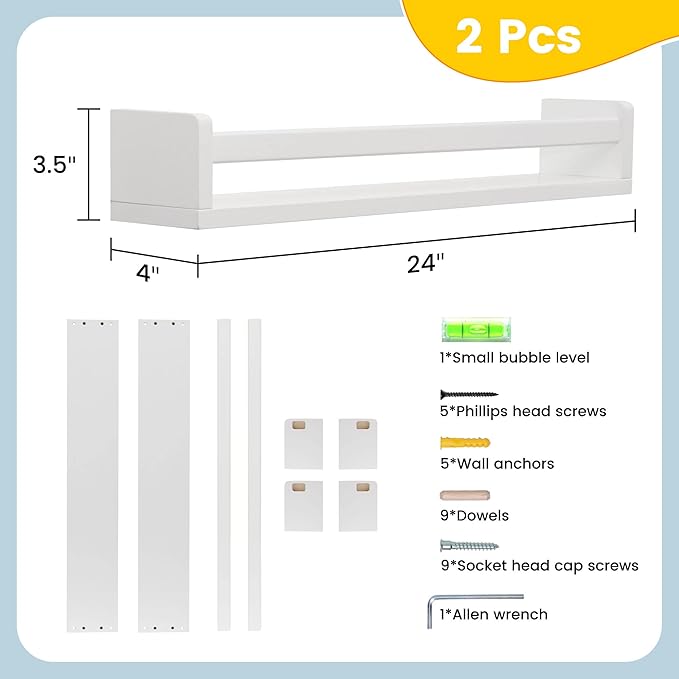 Fun Memories Nursery Book Shelves, 24Inch Floating Shelf for Wall, Wall Bookshelf for Kids Solid Wood Wall Mounted Shelves for Books,Toys and Decor Storage, Set of 2