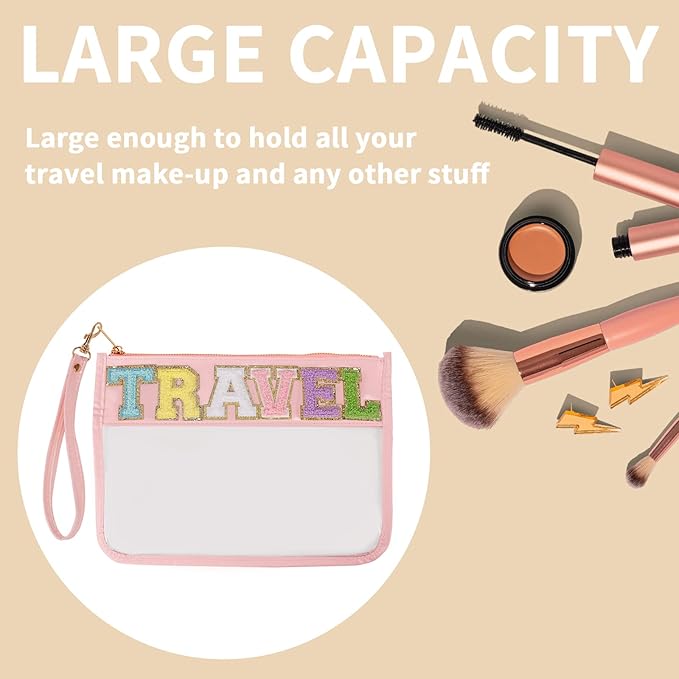 Iqimott Chenille Letter Clear Bag Travel Pouch, Monogram PVC & PU Makeup Cosmetic Bag Zipper Toiletry Pouch, Waterproof Portable Beach Snack Wristlet Bags for Women Girls(Travel, Pink)