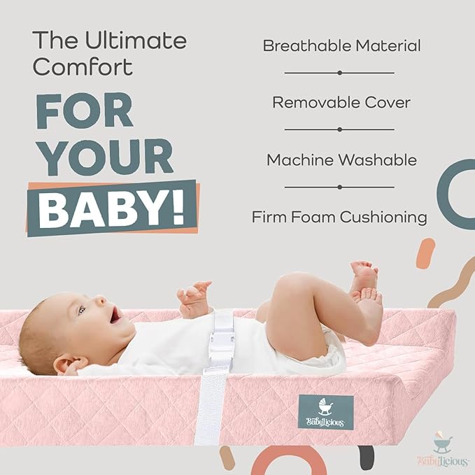 Contoured Baby Changing Pad – Waterproof & Breathable Diaper Changing Pad | Removable Washable Cover, Non-Slip Base & Safety Strap | Standard Size for Dresser & Changing Table Pads
