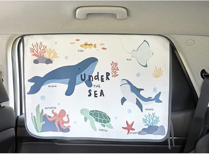 BEBEDECO Magnetic Car Sun Shade Curtain for Side Window – Sun Blocker and UV Protector for Baby, Kids, and Pets – Universal Fit with Built-in Magnets for Steel-Framed Door (Sea Friends)