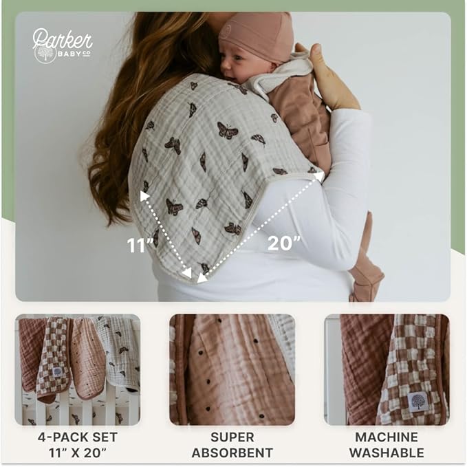 Parker Baby Muslin Burp Cloths | 100% Cotton Burping Clothes, Newborn Essential | Must-Have Baby Registry, Modern and Trendy Colors | 20"x11" Unisex Large Baby Burp Cloths, 4-Pack Butterfly Set