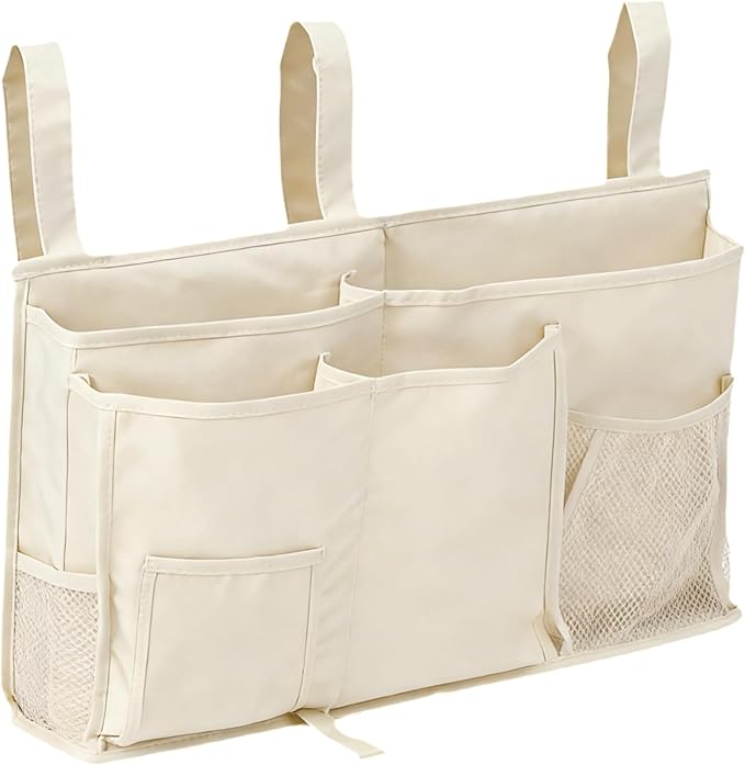 Bedside Caddy - Durable Oxford Fabric Bedside Storage and Bed Organizer，Hanging Bed Organizer for Bedroom，Bunk Bed，Dorm and Hospital (Beige)
