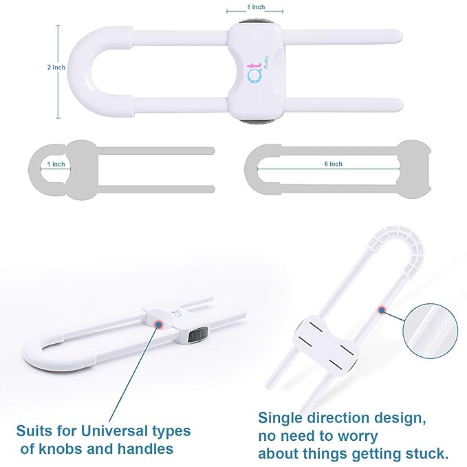 QT BABY Baby Proofing Cabinet Locks | Adjustable U Shaped Baby Safety Latches for Drawers, Fridge, Closet |Modern Baby Proofing Cabinet Lock with Extra Secure Lock Buttons (Pack of 8, White)