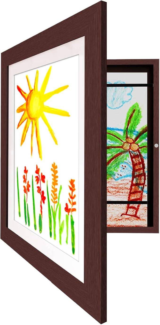Americanflat Kids Artwork Frame Changeable (Mahogany) - Magnetic Door Holds 100 Art Pieces - 8.5x11 Letter Size Display with Mat or 10x12.5 Without Mat - My Mini Masterpiece