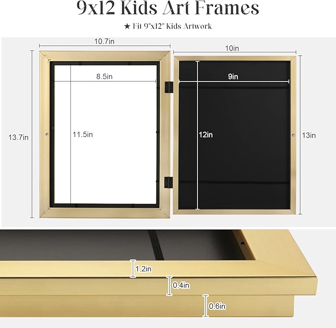 [2Pack] Kids Art Frames, 9x12 Front Opening Kids Artwork Frames Changeable, Gold Artwork Display Storage Frame for Wall, Holds 50 Pcs, for 3D Picture, Crafts, Children Drawing, Hanging Art, Portfolio