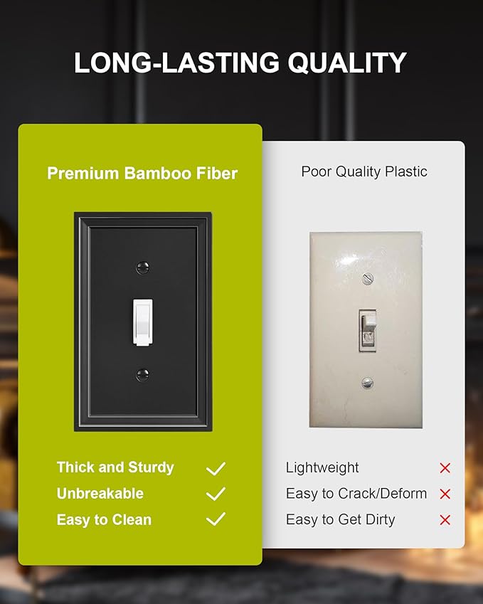 6-Pack Single Toggle Light Switch Covers Wall Plate, Black Decorative Switch Plate Covers, 1 Gang Natural Bamboo Fiber Wall Plate, Corrosion Resistant