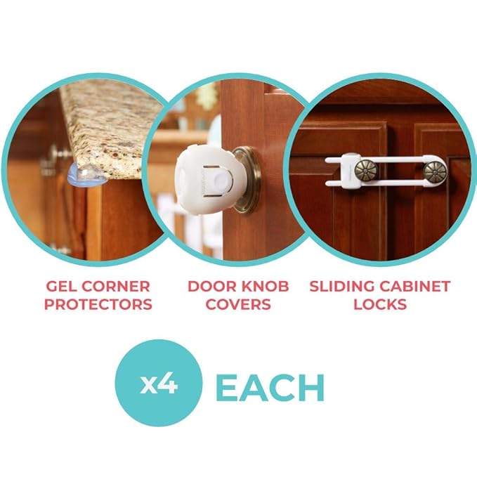 Toddleroo by North States - Childproofing Deluxe Kit: 4 Knob Covers, 4 Sliding Cabinet Locks, 4 Gel Corner Protectors, 1 Door Pinch Guard, 18 Drawer Locks, 34 Plug Protectors - 65 Piece Set - White