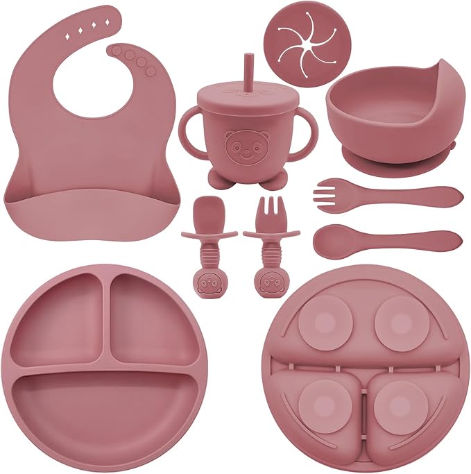 Munlinder Silicone Baby Feeding Set | Baby Led Weaning Supplies Includes Suction Bowls and Divided Plates, Adjustable Bib, Baby Utensils Spoons and Forks,Cup | Baby Feeding Essentials (Red)