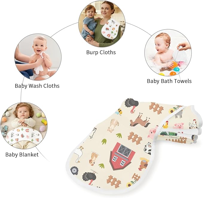 Spriggenix 6 Pack Farm Burp Cloths Baby Boys Girls with Farm Animals Pattern, Large Cotton Burp Rags for Newborns Gifts Nursery Decor Extra Soft and Absorbent 9.8X19.6inches