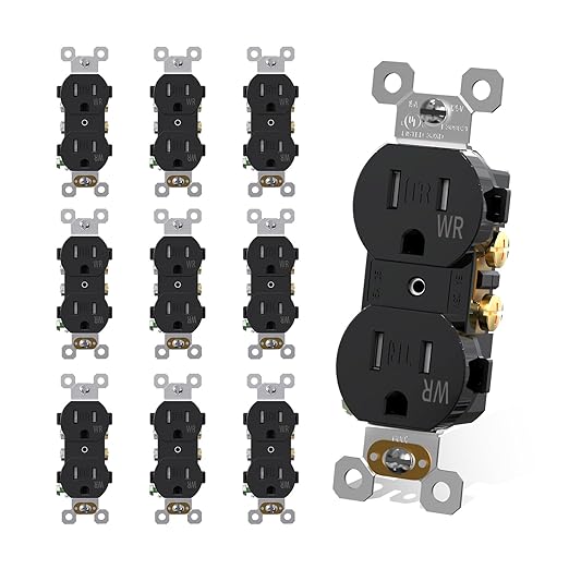 AIDA 15 Amps Outlets Duplex Electrical Receptacle Outlets,Weather Resistance & Tamper Resistant Electrical Receptacle, Wall Outlet,2 Pole,3-Wire, Self-Grounding, NEMA 5-15R,UL Listed 10 Pack, Black