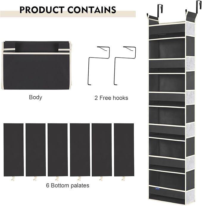 roomtalk 2 Pack Over The Door Hanging Organizer - 6 Shelves & 12 Side Pockets, Over The Door Storage for Baby Accessories & Children's Toys (13"x5"x54", Black)