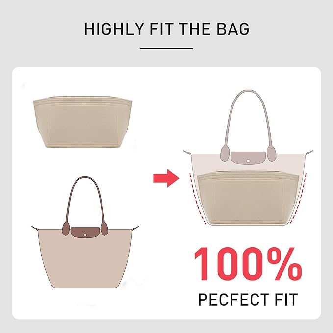 Felt Purse Organizer Insert Compatible with Longchamp Le Pliage S Hangbag, Zipper Long Champ Small Handbag Organizer with Cup Holder, 7 Compartments Bag Insert(Beige,S)