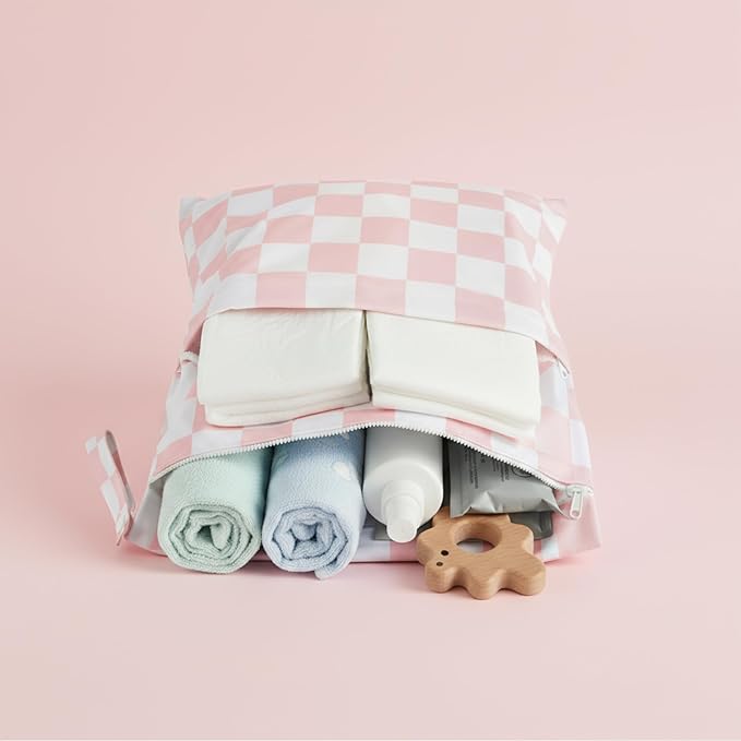 Ohocut Pink Checkered Waterproof Wet Dy Diaper Bag for Baby Essentials, Travel, Swimsuit, Beach Bag Accessories, Aesthetic Trendy Cute Toddler Baby Cloth Bag Pouch, Pack of 2
