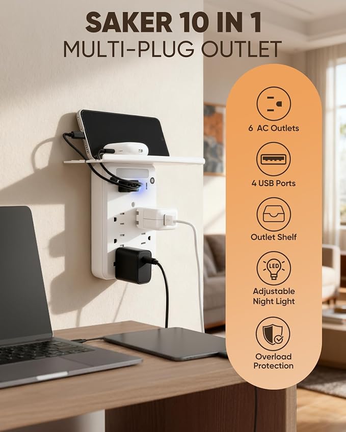Saker Multi-Plug Outlet with Night Light,Wall Outlet Extender Surge Protector with 6 AC Outlets, 4 USB Ports(1 USB C), Overtop Power Charger with Outlet Shelf for Homes and Dormitories