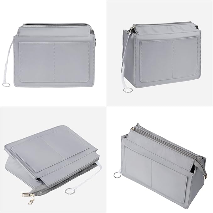 Vercord Purse Organizer Insert with Zipper for Women Hobo Handbags Shaper Insert 12 Pockets Bag Grey Medium