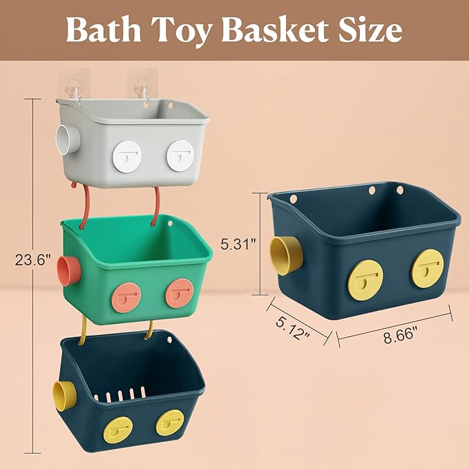 Bath Toy Storage Organizer Basket, 2 Pack Cute Robot Bathtub Shower Toy Organizer, Wall Mounted Hanging Bath Toy Holder with Hooks, for Tub Laundry