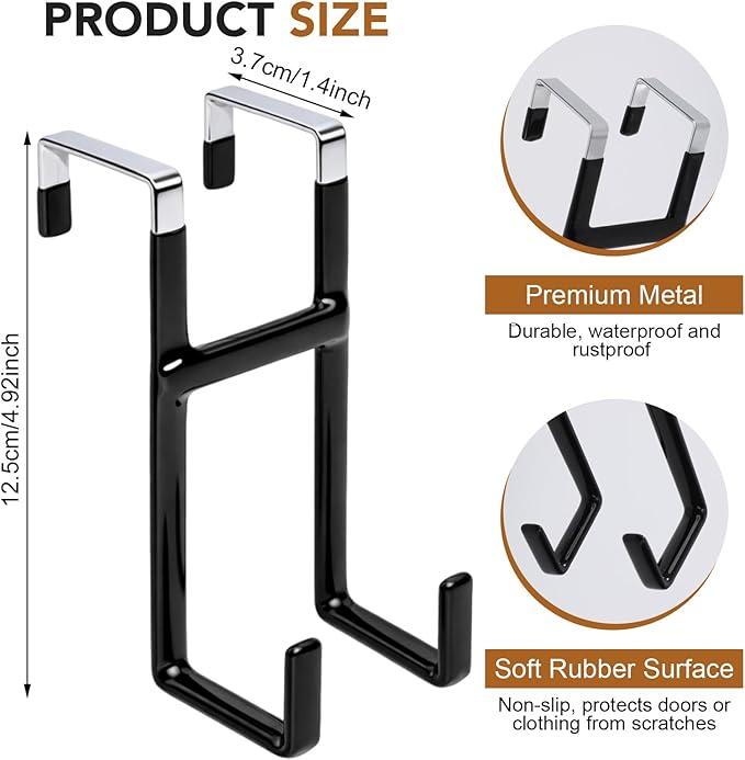 Over Door Hook, 2 Pack Over Door Hanger with Dual Hook Heavy Duty Metal Hanger with Non Slip Rubber Over The Door Organizer Hanger for Hanging Clothes Towels Hats Bags（Black ）