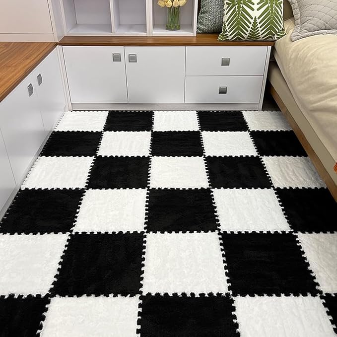 12pcs Carpet Squares Puzzle Floor Mat, Plush Interlocking Carpet Tiles, Anti Slip EVA Foam Jigsaw Floor Tiles, Build A Safe Area for Bedroom Playroom (White+Black)