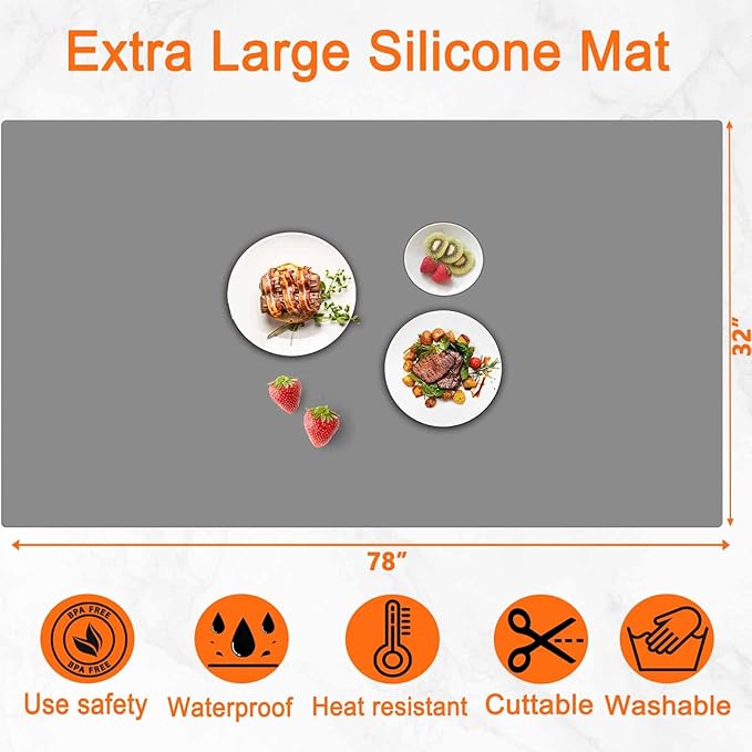 78''x32''(200cmx80cm) Extra Large Silicone Mat for Kitchen Counter, Heat Resistant Countertop Protector, Non-Slip Waterproof Kitchen Island Mat, Easy to Clean, Light Gray