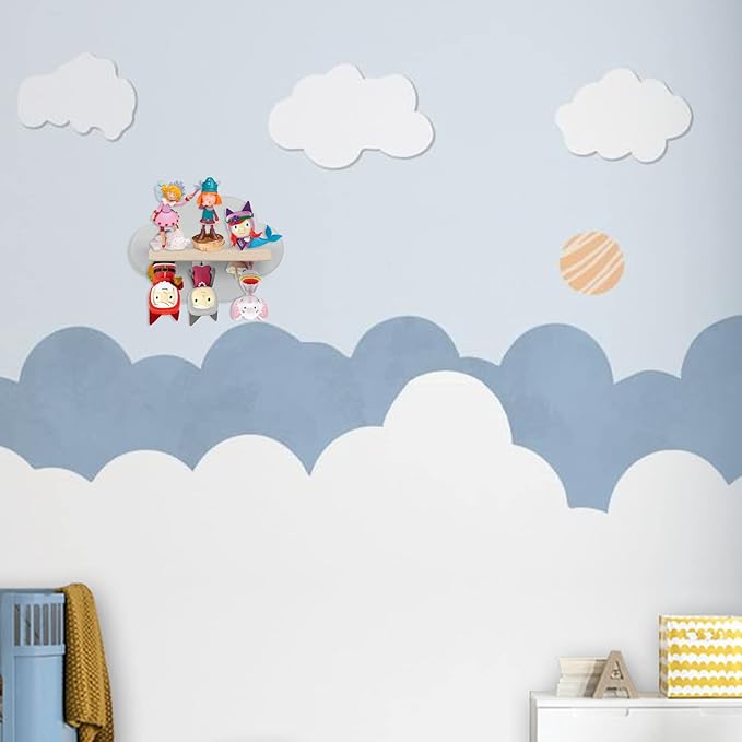 Sun3drucker Floating Shelf Wall Mount (Cloud Design) for Toniebox Tonie Figures Character - Magnetic Wooden Shelf Compatible with Tonie Audio Character for Children Baby's Room