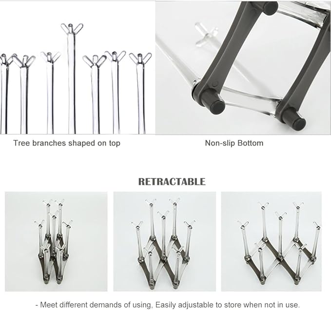 Marbrasse Retractable Cup Drying Rack, Drinking Glass and Sports Bottle Drainer Stand, Plastic Bag Dryer with Non-Slip Bottom for Kitchen Countertop