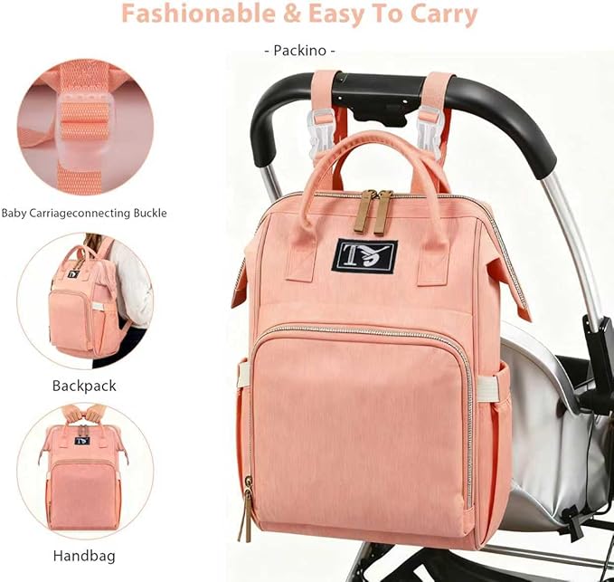 Packino Diaper Bag Backpack for Women - Multifunction Travel Essentials Baby Diaper Bag with Changing Pad, Large Backpack Baby Girl Boy, Insulated Bottle Holders & Stroller Straps (Pink+Orange)