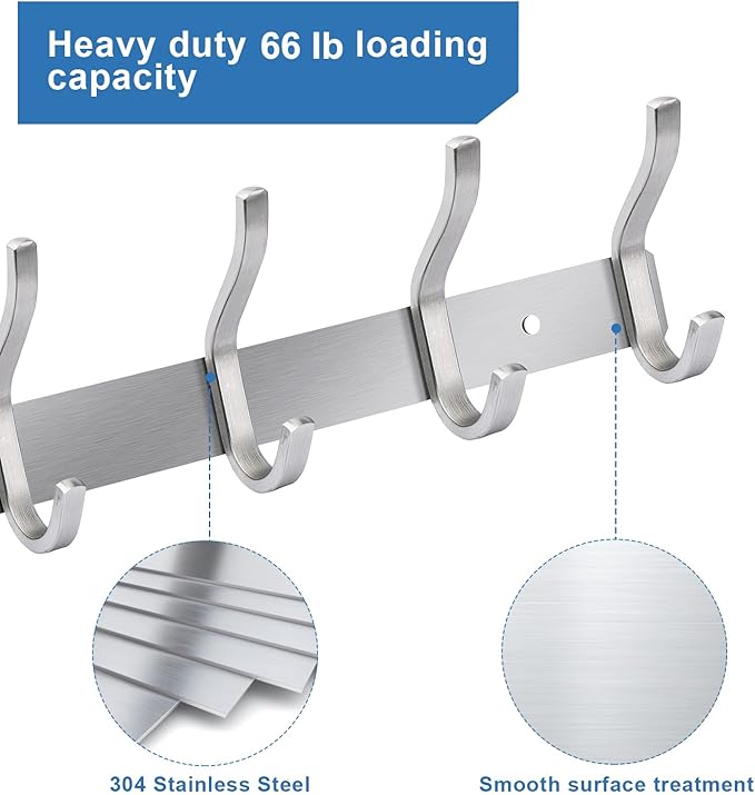 HAMUTH 12 Inch Wall Hooks, 304 Stainless Steel Coat Hanger Wall Mount with 4 Hooks, Silver Coat Hooks for Hanging Backpack,Bag, Purse,Clothes,Towel | Entryway & Bathroom Storage Organization Hanger