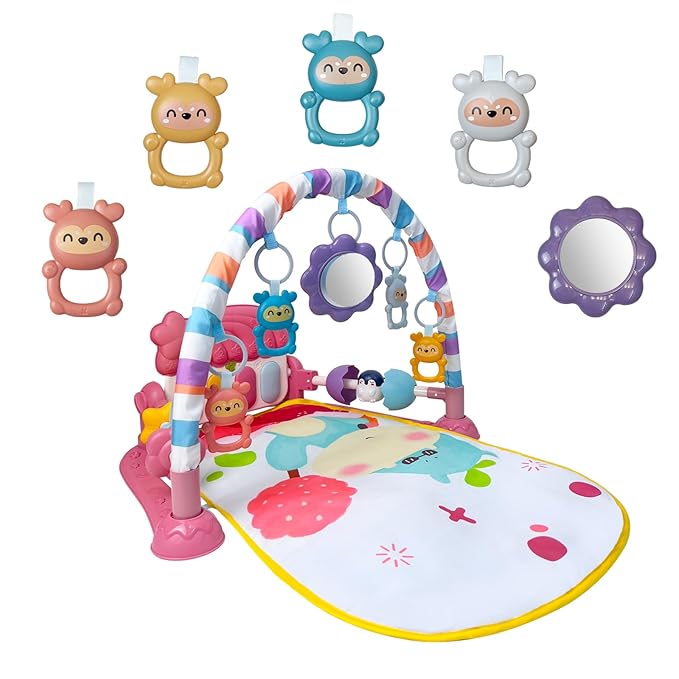 Baby Gym Play Mat, Musical Activity Center for Baby, Kick and Play Piano Gym, Tummy Time Play Mat for Newborn Babies Infants Boys Girls 0-3-6-9-12 Months (Pink)