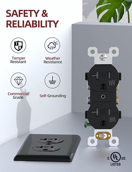 AIDA 20 Amps Outlets Duplex Electrical Receptacle Outlets, Tamper Resistant & Weather Resistance, Wall Plate Included, Residential, 3-Wire, Self-Grounding, UL Listed (20 Pack, Black)