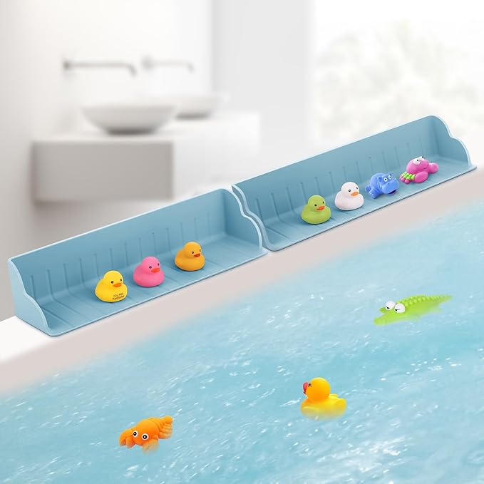 2Pack Bath Tub Toy Storage - Silicone Shower Splash Guard with 4 Strong Suction Cups, Bath Tub Toy Shelf, Bath Toy Holder, Bathtub Side Splash Guard Tray,Bathroom Accessories Blue