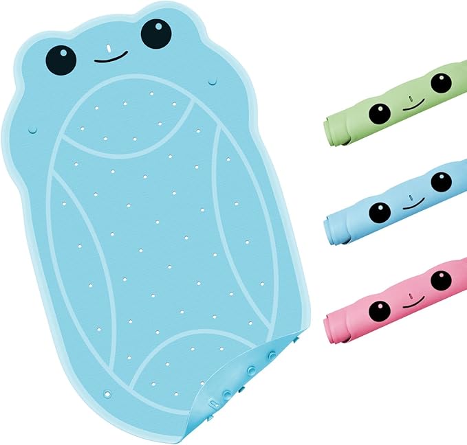 Blue Bath Shower Mat for Toddlers, BPA-Free Cartoon Frog Bathtub Mat Non Slip, Soft Rubber Bath Mat for Tub, Shower Bath Mats with Suction Cups & Drain Holes for Inside Shower and Bathroom