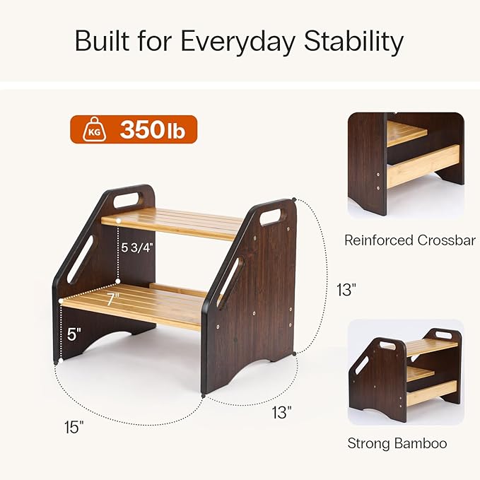 StrongTek Bamboo Kids Step Stool with Handles, 15" Wide Non-Slip Steps, 350 lb Capacity, Portable 2-Step Wooden Footstool, Easy to Assemble & Clean, Ideal for Bathroom, Kitchen, Sink & Toilet