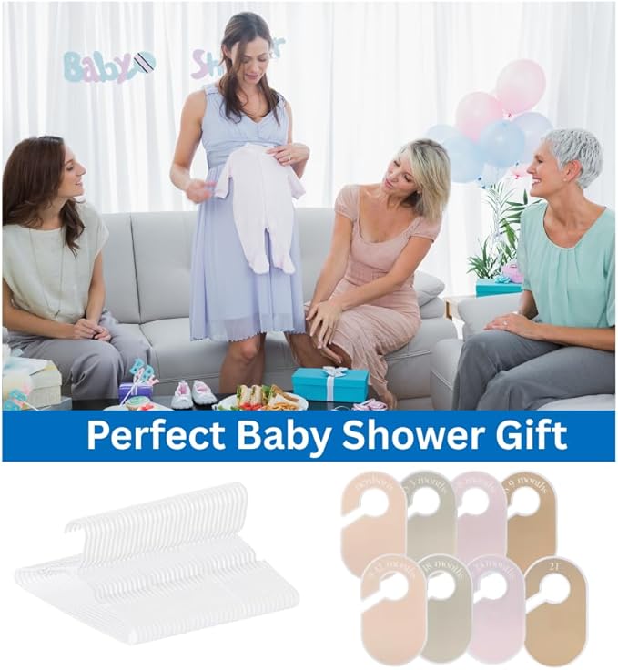 50 Pack Baby Hangers – Includes 8 Closet Dividers – Non-Slip Durable Hangers for Infant Clothes & Nursery Organization (White, 50)