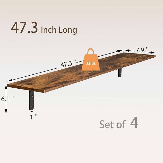 DINZI LVJ Long Wall Shelves, 47.3Inch Wall Mounted Shelves Set of 4, Extra Large Floating Storage Ledges with Sturdy Metal Brackets for Living Room, Bathroom, Bedroom, Kitchen, Rustic Brown