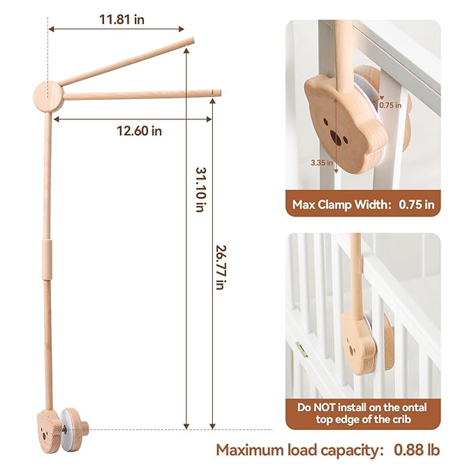 JETMHH Wooden Crib Mobile Arm | Crib Mobile Holder | Nursery Mobile Hanger Cartoon Bear | Horizontal 360 Rotatable, 2 Adjustable Hanging Angles Fits Thick Railings Nursery Decoration