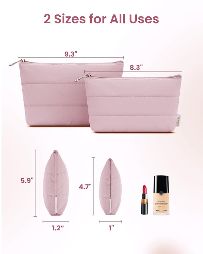Wandering Nature Small Makeup Bag 2 Pack Cosmetic Bag for Purse, Puffer Quilted Makeup Pouch, Cute Travel Pouch with Zipper for Women, Baby Pink