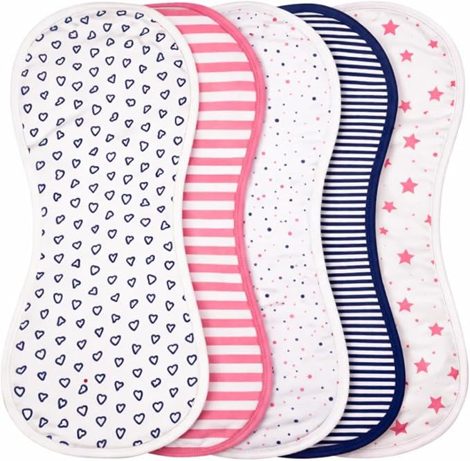Tom Tom's Kids + Baby GOTS Certified Organic Cotton Burp Cloths, Figure-8 Design, 22 x 11 in, Pink & Navy, 5-Pack