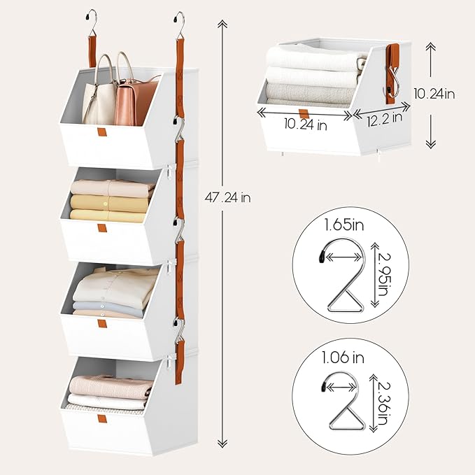 Homsorout Hanging Closet Organizer 4 Tier - Clothes Hanging Shelves, Space-Saving Closet System, Fabric Storage Bins Bedroom Organization, Collapsible Baskets for Home, Dorm, Rv, White, 2 Pack