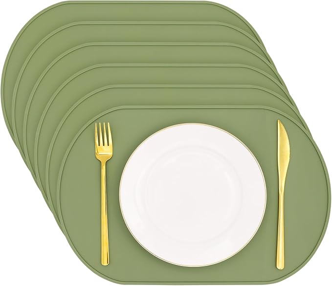 yuuzue Silicone Placemat Set of 6, Heat Resistant Placemats for Dinning Table, Reusable Portable Kids Baby Placemats, Waterproof Stain-Proof Toddler Food Mats, Easy to Clean Silicone Mat Oval Placemat